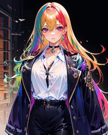 53684-3448925741-rainbow hair, 1girl, solo, long hair, choker, jewelry, shirt, jacket, belt, earrings, purple eyes, jacket on shoulders, looking.png